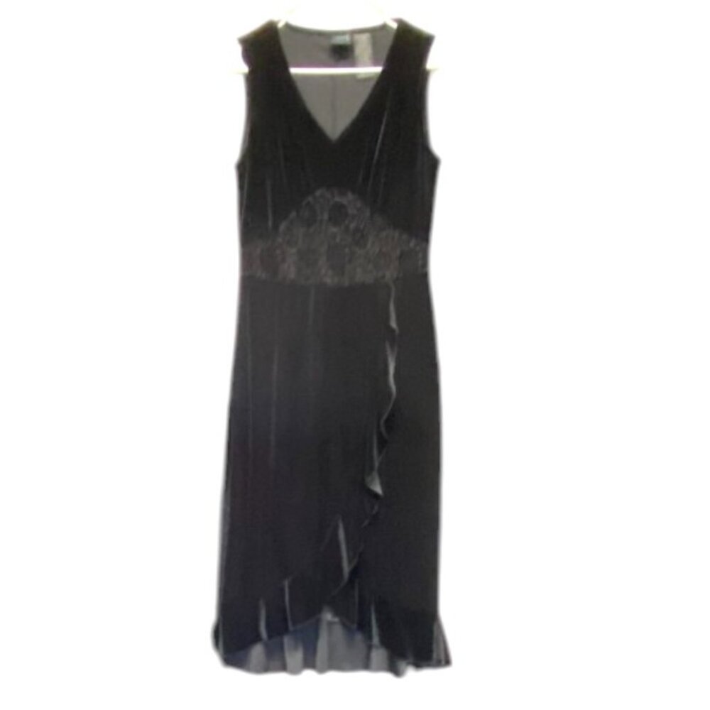 Vintage Studio V Neck Lace Waist Ruffle Hem Wrap Dress M Black Velour Sleeveless